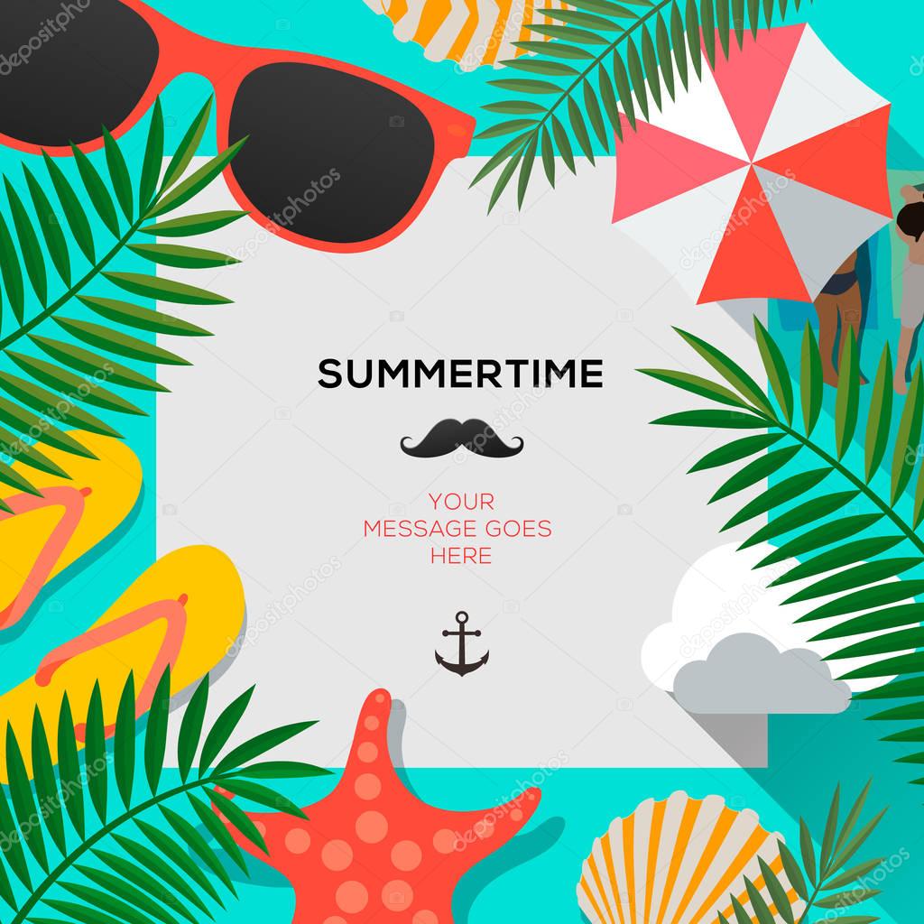 Summertime background with palms leaf, vector illustration.