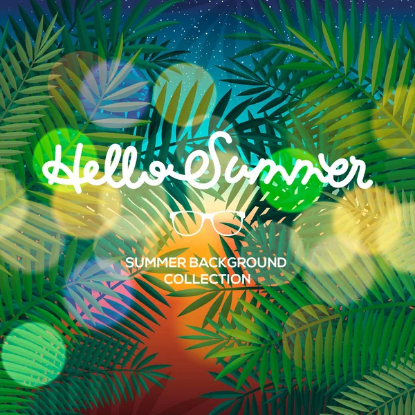Ciao Summer lettering tipografia sul tramonto sfocato con luci bokeh, illustrazione vettoriale — Vettoriale Stock