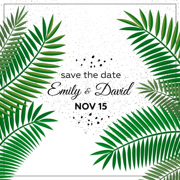 Esküvői meghívó, modern kártya Design: zöld trópusi Pálma levél zöld dekoratív koszorú, vektoros illusztráció — Stock Vector
