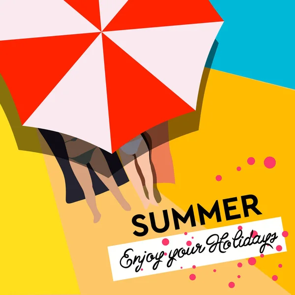 Plakat na lato, widok z góry młoda kobieta w strój kąpielowy i parasol, ilustracji wektorowych. — Wektor stockowy