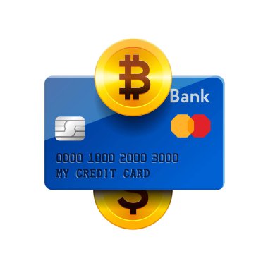 Cryptocurrency teknoloji simgesi, bitcoin Satım, bitcoin madencilik, mobil bankacılık. Bitcoin, kredi kartı, dolar, vektör çizim.