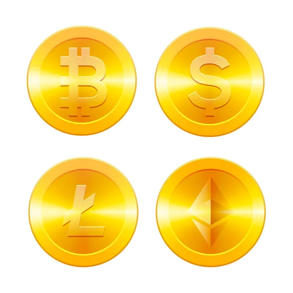 Cryptocurrencys ikoner set, Bitcoin, Ethereum, Litecoin och dollarn, gyllene mynt med kryptovaluta symbol, isolerad på vit bakgrund, vektor illustration. — Stock vektor