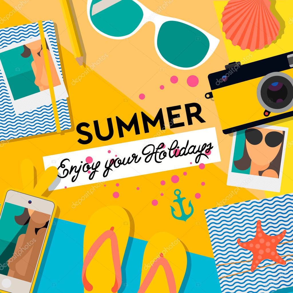 Summertime background, enjoy your holiday, fashion, glamorous fashion set of womans summer accessories, vector illustration.