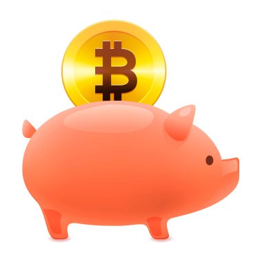 Kumbara simgesi, altın bitcoin sikke sanal para. Cryptocurrency ve koruma kavramı, vektör çizim.