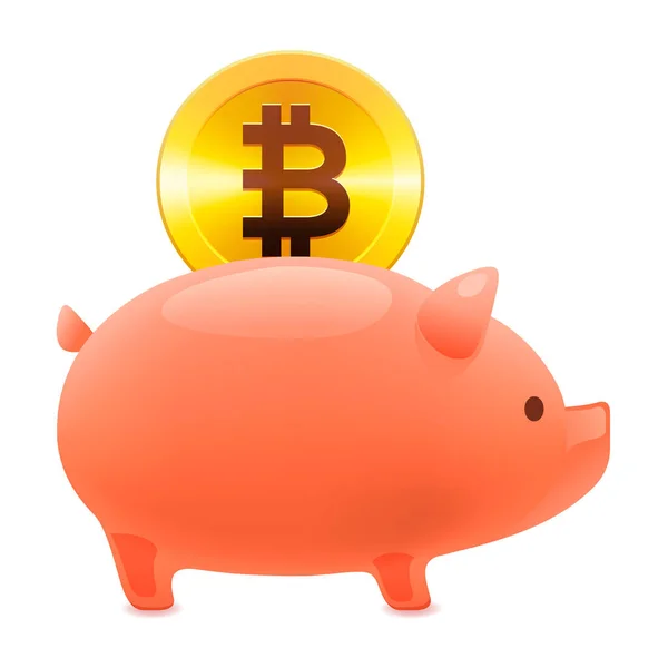 Spargris ikon, gyllene bitcoin mynt virtuella pengar. Kryptovaluta och spara koncept, vektorillustration. — Stock vektor