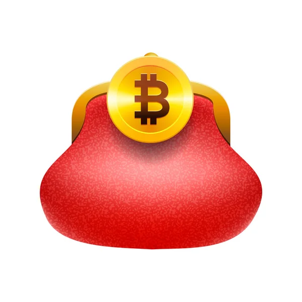 Bitcoin plånbok konceptet ikon, gyllene bitcoin röd Myntpåse, vektorillustration. — Stock vektor