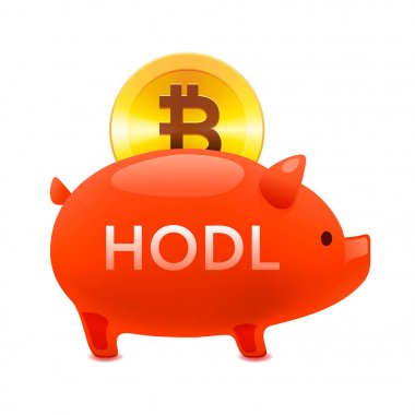 Cryptocurrency Hodl kavramı, domuz para kutusu simgesi ile düşen bitcoin, hodl bitcoin, vektör çizim.