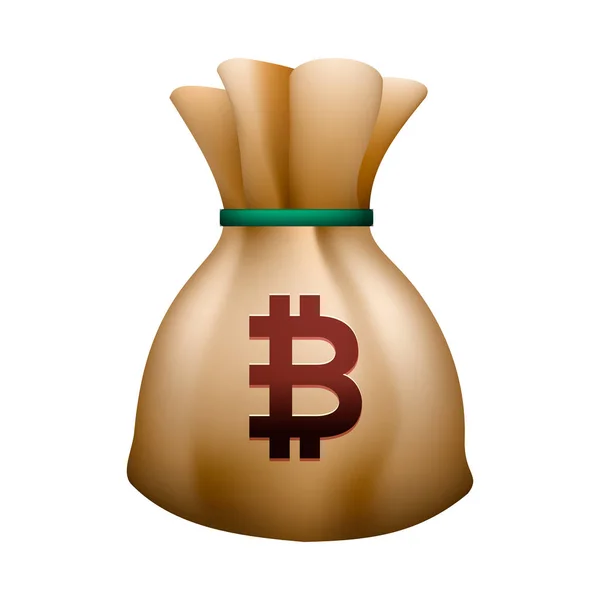 Pengar väska vektor ikon, moneybag med dragsko och bitcoin logga isolerade på vit bakgrund, vektorillustration. — Stock vektor