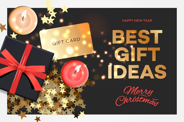 Weihnachtsverkauf. Die besten Geschenkideen. schwarzer Geschenkkarton auf dunklem Hintergrund, Design 2020. Vektorillustration. — Stockvektor