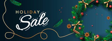 Bayram indirimi afişi. Noel yatay arka planı, web sitesi başlığı. Xmas arkaplanı, gerçekçi Noel çelengi tasarımı, vektör illüstrasyonu