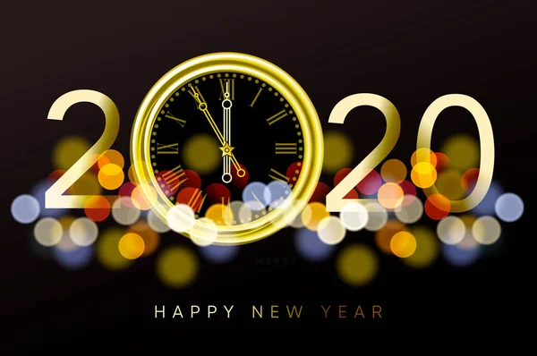 Feliz Año Nuevo 2020 - Año Nuevo Fondo brillante con reloj de oro y brillo, ilustración vectorial . — Vector de stock