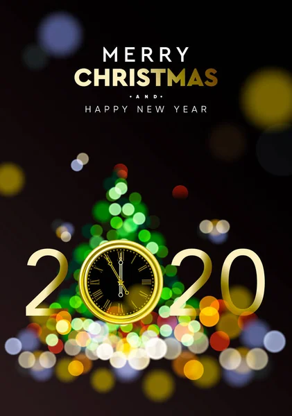 メリークリスマスとハッピーニューイヤー2020 – ゴールドクロックとクリスマスツリーの輝きの背景に輝くぼかし効果、ベクトルイラスト. — ストックベクタ
