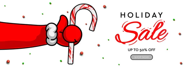 Banner horizontal de venda de férias. Papai Noel mão polegares para cima símbolo ícone com cana de doces, ilustração vetorial . — Vetor de Stock