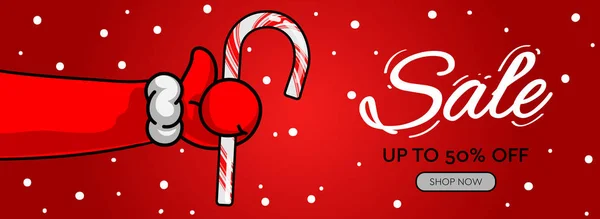 Vakantie verkoop horizontale banner. Santa 's Claus hand duimen omhoog symbool pictogram met suikerriet, vector illustratie. — Stockvector