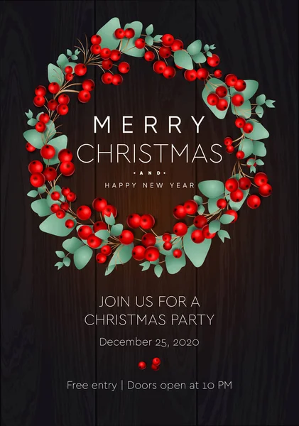 Merry Christmas Happy New Year Poster Wreath Red Berries Eucalyptus — ストックベクタ