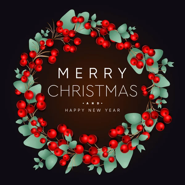 Merry Christmas and Happy New Year poster. Wreath with red berries and eucalyptus leaves on red background. Party invitation template, vector illustration. — ストックベクタ