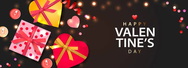 Valentinstag-Banner. Hintergrunddesign aus funkelnden Lichtern, realistischer Geschenkschachtel mit Herzform und Konfetti. horizontales Urlaubsplakat, Grußkarten, Header, Website — Stockvektor