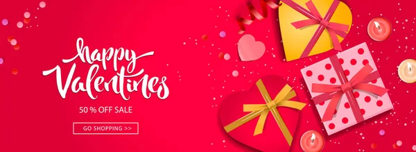 Valentines Day banner. Background design of sparkling lights, realistic gifts box with heart shaped, and confetti. Horizontal holiday poster, greeting cards, header, website — ストックベクタ