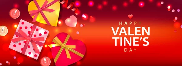 Valentinstag-Banner. Hintergrunddesign aus funkelnden Lichtern, realistischer Geschenkschachtel mit Herzform und Konfetti. horizontales Urlaubsplakat, Grußkarten, Header, Website — Stockvektor