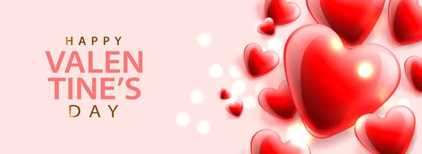 Happy Valentines Day, background with red hearts, horizontal banner, vector illustration