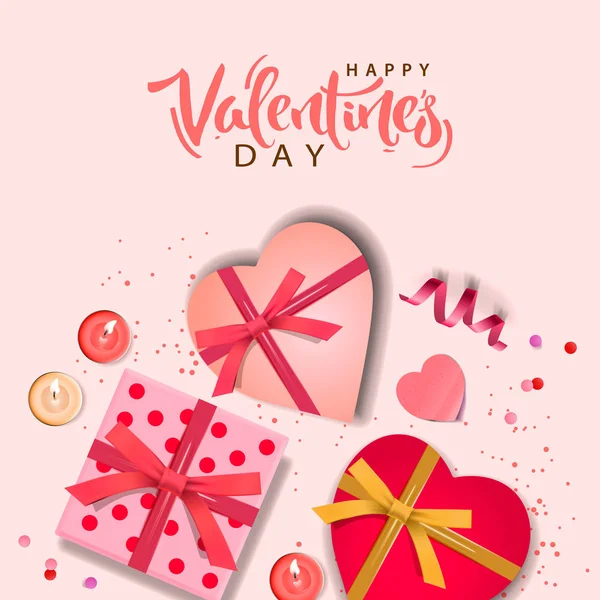 Stendardo di San Valentino. Design di sfondo realistico confezione regalo a forma di cuore, coriandoli e candele. Manifesto di festa, biglietti di auguri, intestazione, sito web . — Vettoriale Stock