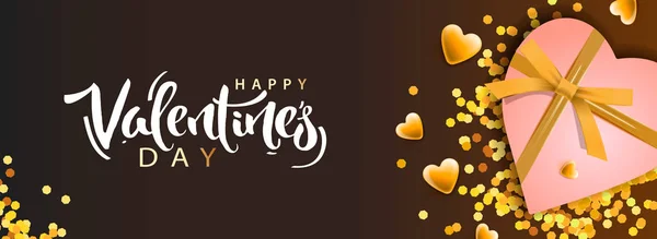 Valentinstag-Banner. Hintergrund-Design der realistischen Geschenkbox mit herzförmigen und goldenen Konfetti. horizontales Urlaubsplakat, Grußkarten, Header, Website. — Stockvektor