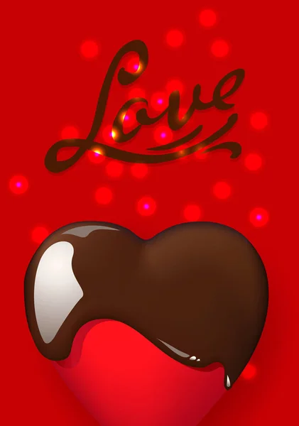 Boldog Valentin napot! Romantikus design kompozíció, reális csokoládé szív, piros szín. Ünnepi ajándék kártya, vektor illusztráció. — Stock Vector