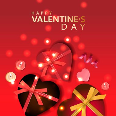 Sevgililer Günü afişi. Parlak ışıkların arka plan tasarımı, gerçekçi hediyeler kutu şeklinde kalp, dekoratif kurdele, mumlar. Tatil posteri, tebrik kartları, başlıklar, web sitesi.