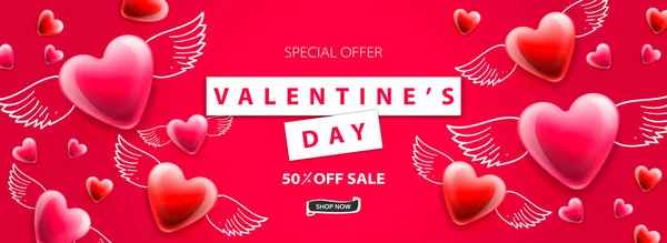 Valentines Day sale background. Romantic composition with winged hearts. Vector illustration for website , posters, ads, coupons, promotional material — ストックベクタ