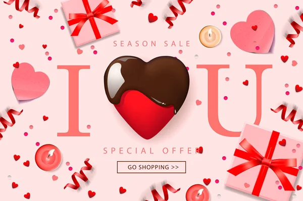Web banner for Valentines Day Sale. Top view on composition with chocolate heart, gift box, confetti and streamers, vector illustration. — ストックベクタ