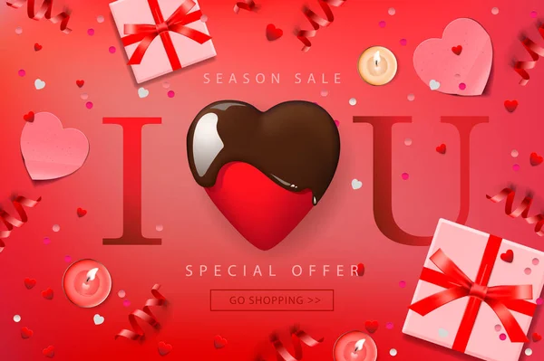 Web banner for Valentines Day Sale. Top view on composition with chocolate heart, gift box, confetti and streamers, vector illustration. — Stock vektor