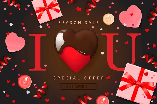 Web banner for Valentines Day Sale. Top view on composition with chocolate heart, gift box, confetti and streamers, vector illustration. — Stock vektor