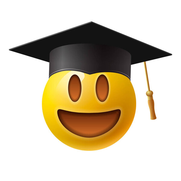 Cute smiling emoticon wearing mortar board, emoji, smiley. Isolated on white background, vector illustration