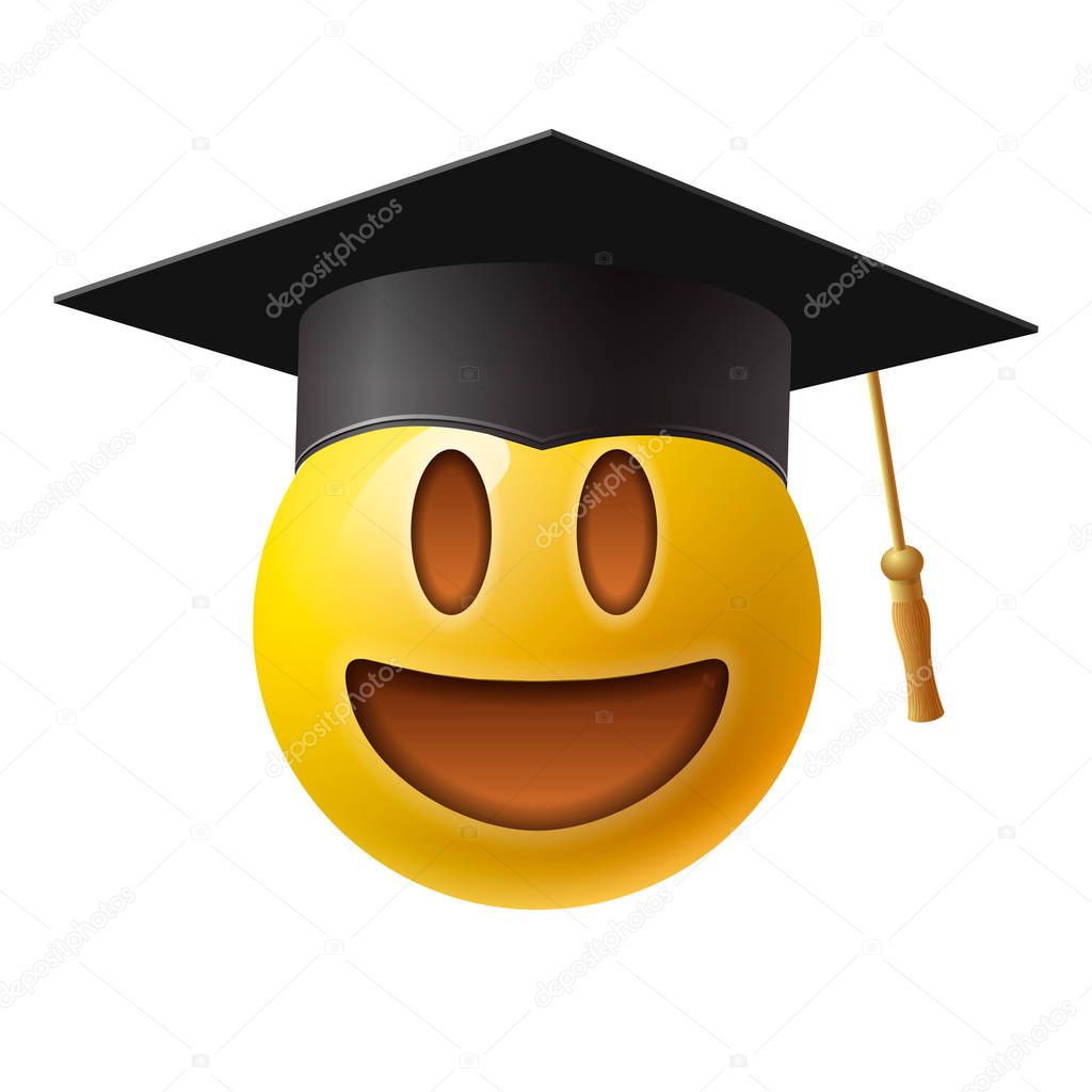 Cute smiling emoticon wearing mortar board, emoji, smiley. Isolated on white background, vector illustration