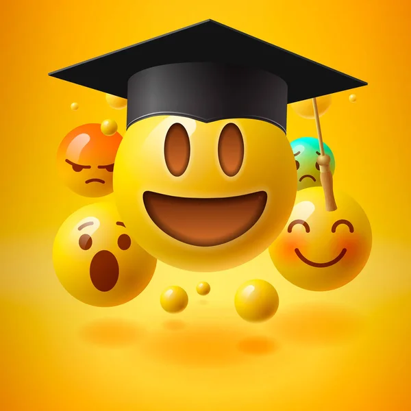 Emoticons in graduation hat. Educational resources, online learning courses, distance education, university degree, graduation hat, e-learning tutorials, vector illustration — Stock Vector