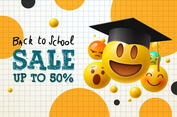 Back to School Vendita, poster e banner con emoticon volanti in cappello di laurea per la promozione del marketing al dettaglio e l'educazione connessi. Illustrazione vettoriale . — Vettoriale Stock