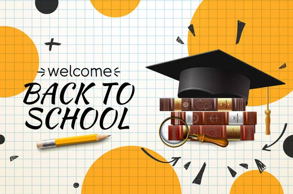 Okula dönüş, mezuniyet şapkası ve kitaplarıyla web afişi. Perakende pazarlama promosyonu ve eğitimle ilgili şablon. Vektör illüstrasyonu. — Stok Vektör