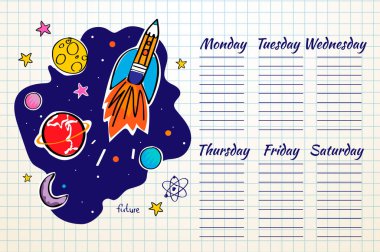 Okul Zaman Çizelgesi alan grafiği. Doodle roket ve gezegenler. Vektör çizimi