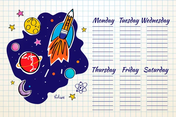 School tijdschema ruimte afbeelding. Doodle raket en planeten. Vector illustratie — Stockvector