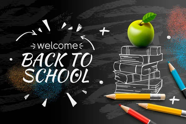 Καλώς ήρθατε πίσω στο σχολείο web banner, doodle σε μαύρο φόντο chalkboard, διανυσματική απεικόνιση. — Διανυσματικό Αρχείο