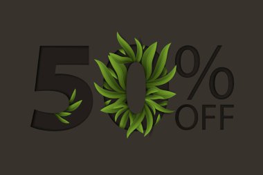 50 percent off lettering with eucalyptus leaves decoration. For Sale discount, Poster Banner Background, Sign and symbol. Natural Eco style. Vector illustration