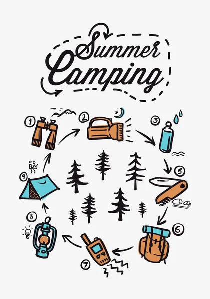 Плакат летнего лагеря. Палатка, Костер, Сосновый лес и скалистые горы, векторная иллюстрация . — стоковый вектор