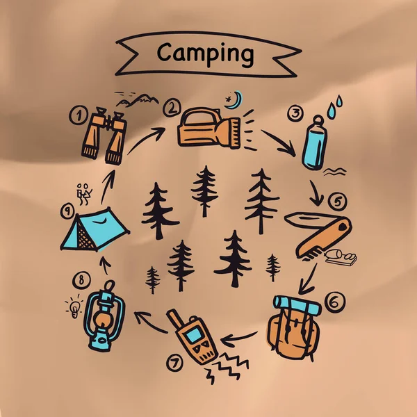 Плакат летнего лагеря. Палатка, Костер, Сосновый лес и скалистые горы, векторная иллюстрация . — стоковый вектор
