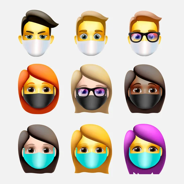 Personer som bär skyddande Medicinsk mask för att förebygga virus Novel Coronavirus 2019-ncov och luftföroreningar. Emoji stil ikon. Vektorillustration. — Stock vektor