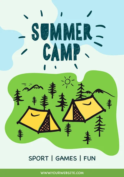 Αφίσα της κατασκήνωσης. Σκηνή, Campfire, πευκοδάσος και βραχώδη βουνά φόντο, διανυσματική απεικόνιση. — Διανυσματικό Αρχείο