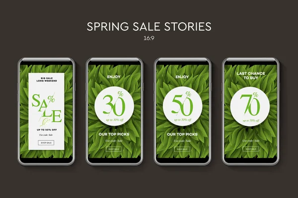 Ensemble de bannières Web Spring Sale pour les applications mobiles de médias sociaux. Vente et rabais promo, illustration vectorielle . — Image vectorielle