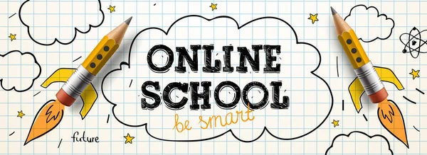 Онлайн школа. Цифровые интернет-учебники и курсы, онлайн-образование. Шаблон векторного баннера для веб-сайта и разработки мобильных приложений — стоковый вектор