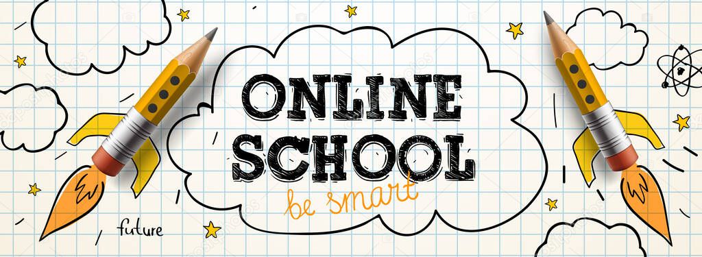 Online School. Digital internet tutorials and courses, online education. Vector banner template for website and mobile app development