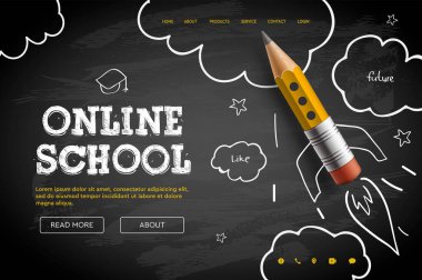 Çevrimiçi okul. Dijital internet dersleri, kurslar, online eğitim, e-öğrenme. Web sitesi, iniş sayfası ve mobil uygulama geliştirme için web pankartı şablonu. Doodle biçim vektör illüstrasyonu