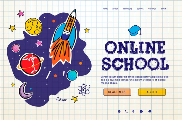 Online σχολείο. Ψηφιακά σεμινάρια και μαθήματα Διαδικτύου, ηλεκτρονική εκπαίδευση, ηλεκτρονική μάθηση. Web banner πρότυπο για την ιστοσελίδα, την προσγείωση σελίδα και την ανάπτυξη εφαρμογών για κινητά. Εικονογράφηση διανύσματος τύπου Doodle. — Διανυσματικό Αρχείο